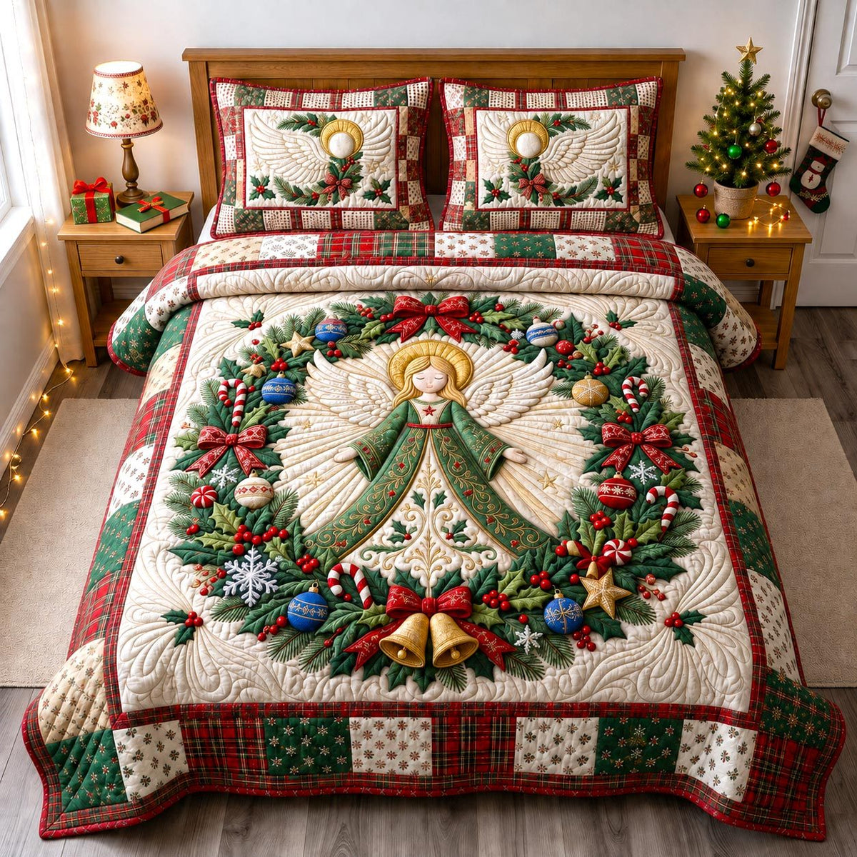 Christmas Angel quilted 3-piece bedding set on a made bed in a winter-styled bedroom