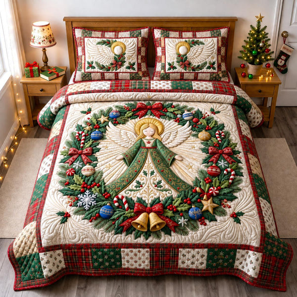 Christmas Angel quilted 3-piece bedding set on a made bed in a winter-styled bedroom