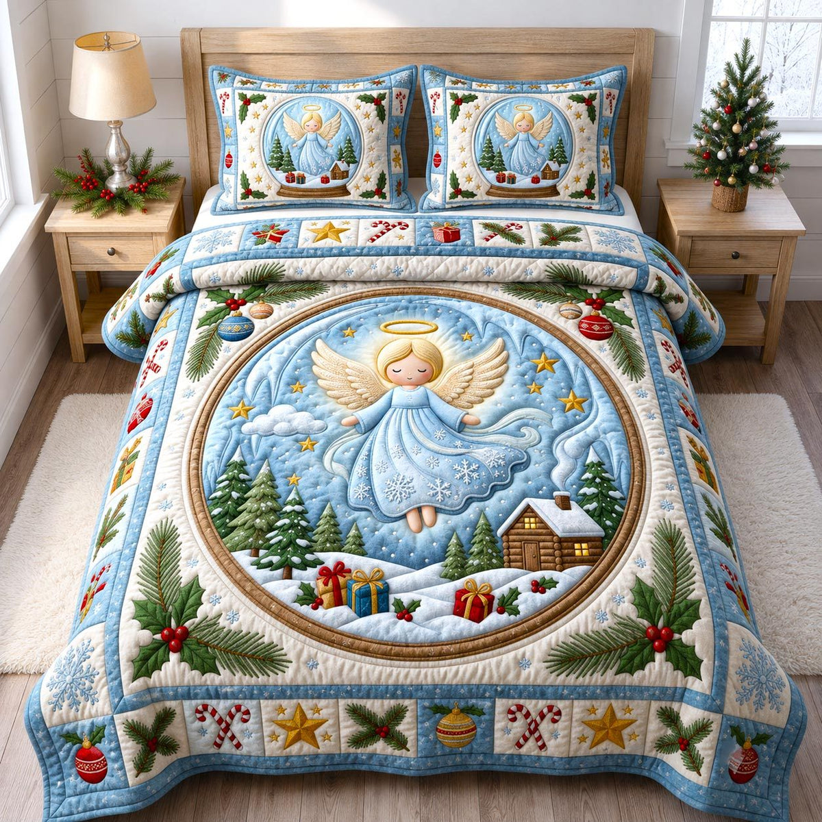 Christmas Angel quilted 3-piece bedding set on a made bed in a winter-styled bedroom