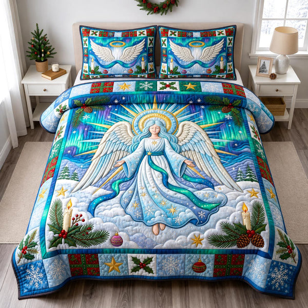 Christmas Angel quilted 3-piece bedding set on a made bed in a winter-styled bedroom