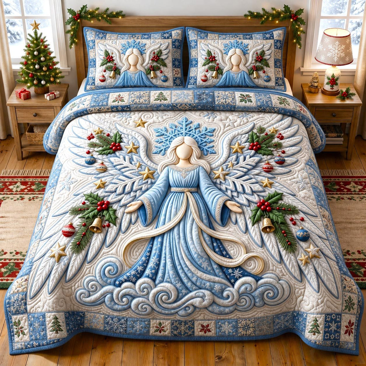 Christmas Angel quilted 3-piece bedding set on a made bed in a winter-styled bedroom