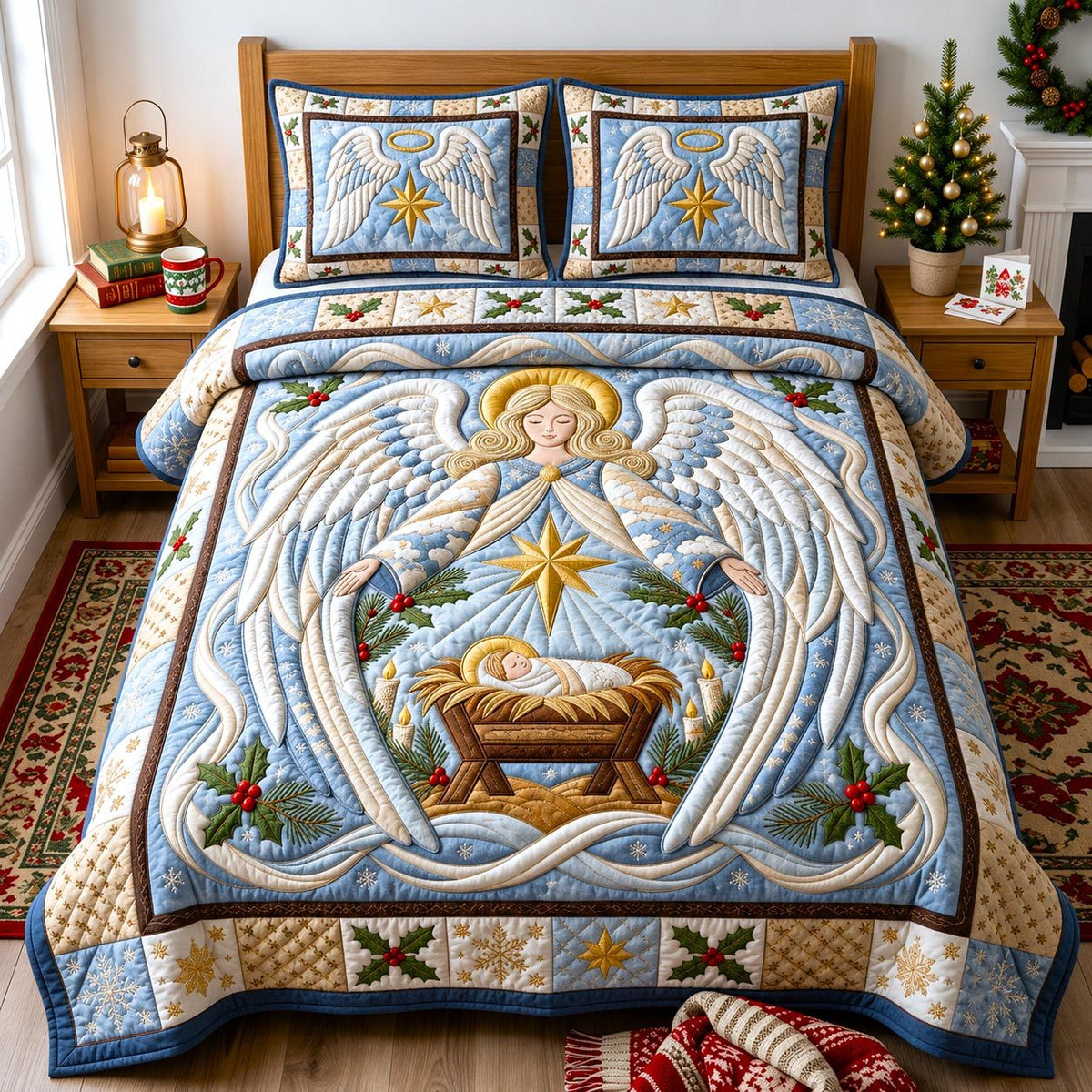 Christmas Angel quilted 3-piece bedding set on a made bed in a winter-styled bedroom