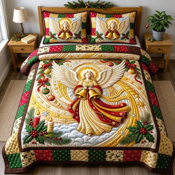 Christmas Angel quilted 3-piece bedding set on a made bed in a winter-styled bedroom