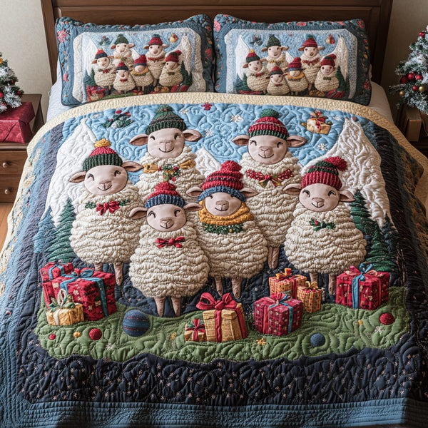 Christmas Baah quilted 3-piece bedding set on a made bed in a winter-styled bedroom