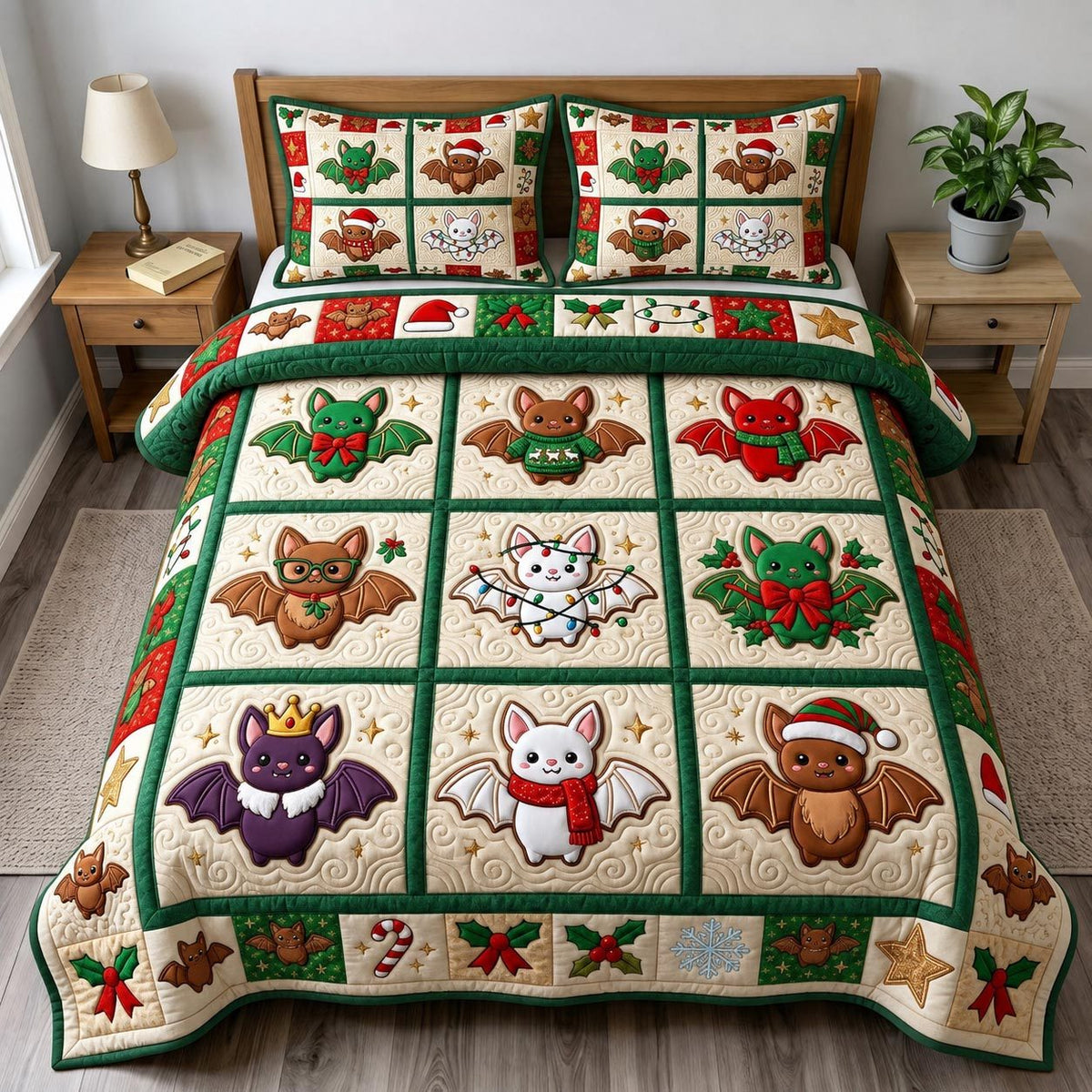 Christmas Bat quilted 3-piece bedding set on a made bed in a winter-styled bedroom