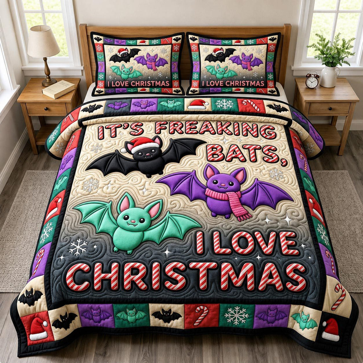 Christmas Bat quilted 3-piece bedding set on a made bed in a winter-styled bedroom