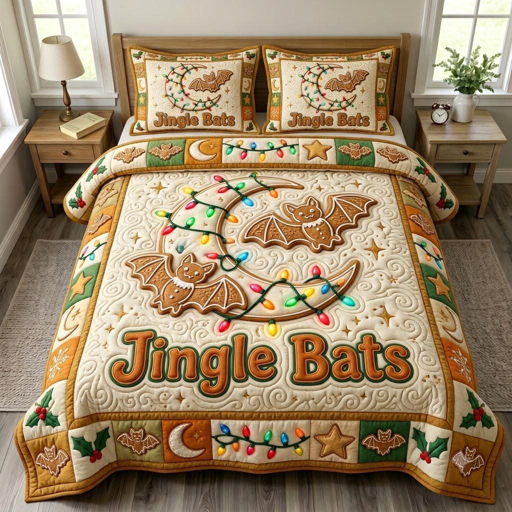Christmas Bat quilted 3-piece bedding set on a made bed in a winter-styled bedroom