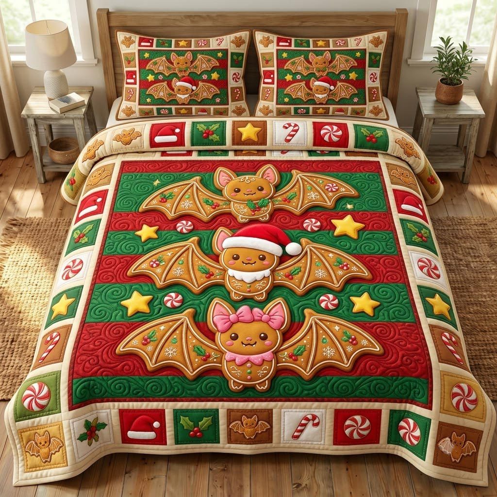 Christmas Bat quilted 3-piece bedding set on a made bed in a winter-styled bedroom