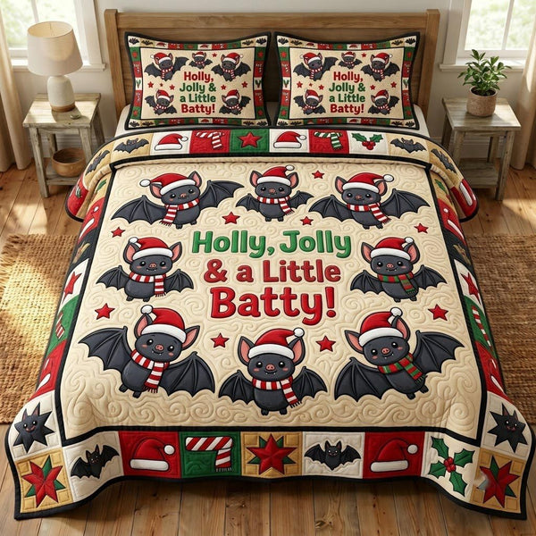 Christmas Bat quilted 3-piece bedding set on a made bed in a winter-styled bedroom