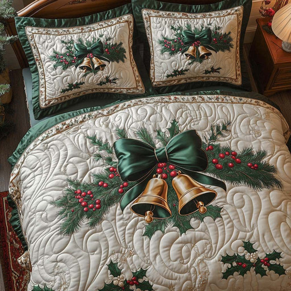 Christmas Bell Charm quilted 3-piece bedding set on a made bed in a winter-styled bedroom