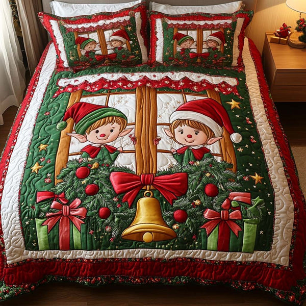 Christmas Bells quilted 3-piece bedding set on a made bed in a winter-styled bedroom