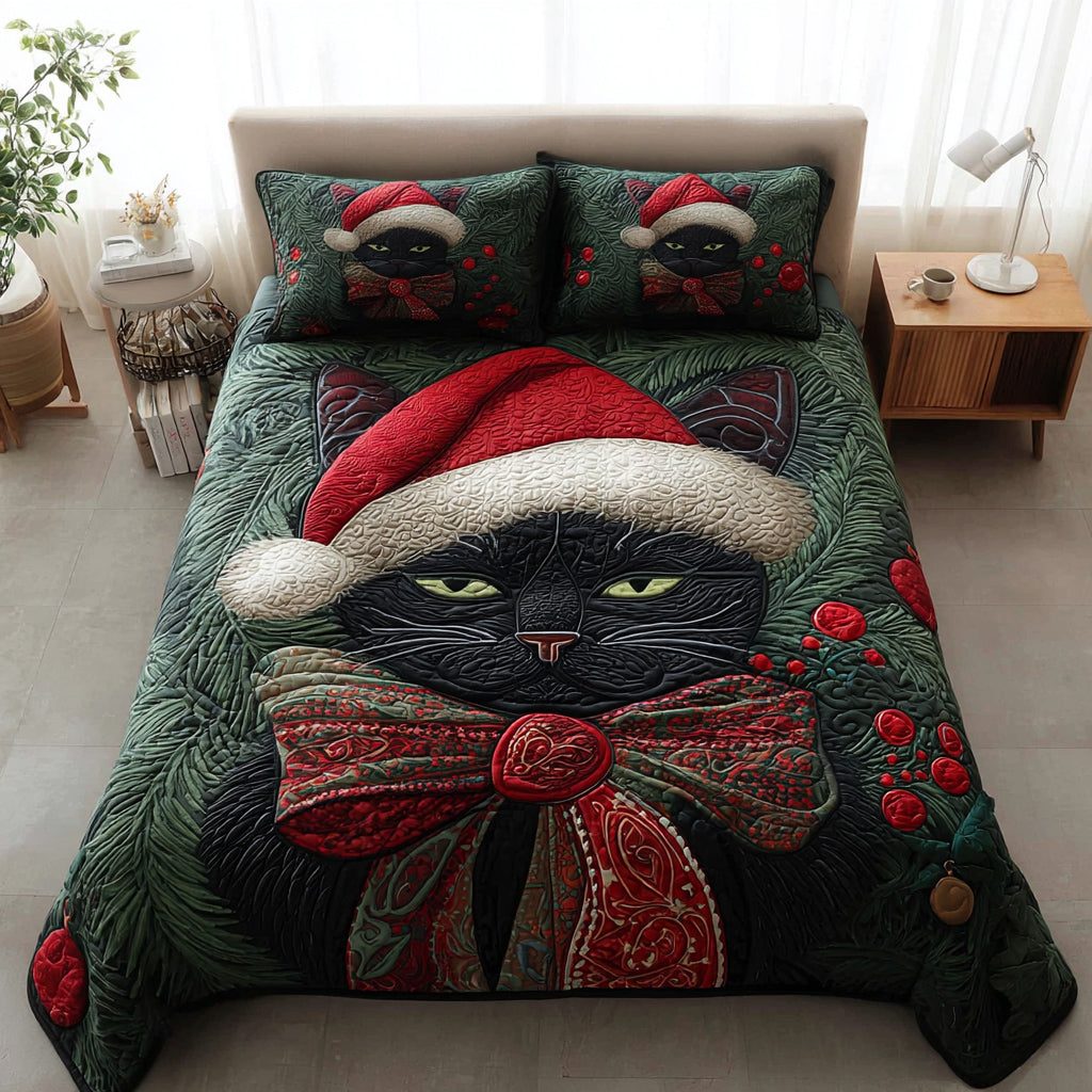Christmas Black Cat quilted 3-piece bedding set on a made bed in a winter-styled bedroom