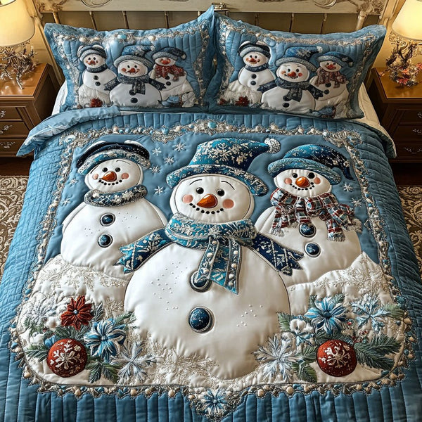 Christmas Blessings quilted 3-piece bedding set on a made bed in a winter-styled bedroom