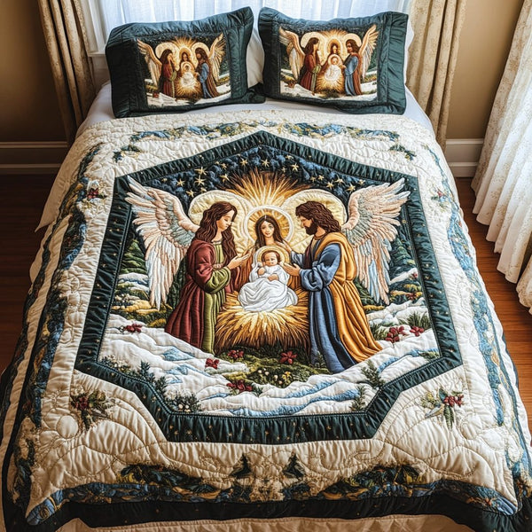 Christmas Blessings quilted 3-piece bedding set on a made bed in a winter-styled bedroom