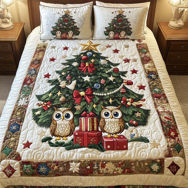 Christmas Bliss quilted 3-piece bedding set on a made bed in a winter-styled bedroom