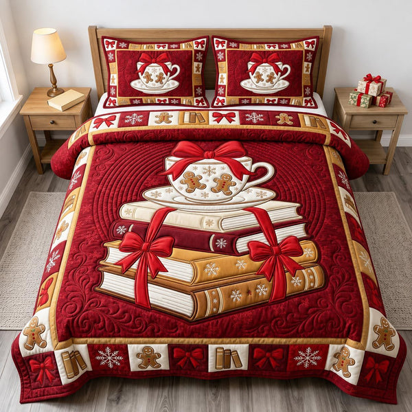 Christmas Book Lover quilted 3-piece bedding set on a made bed in a winter-styled bedroom