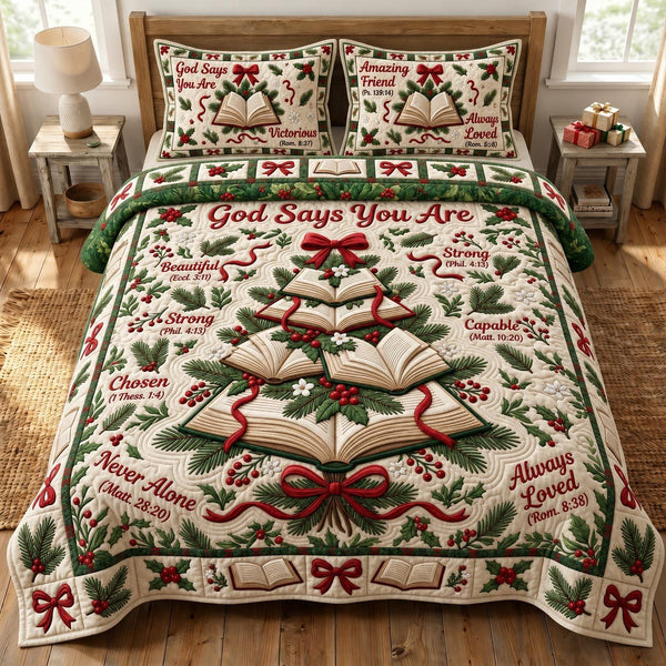 Christmas Book Lover quilted 3-piece bedding set on a made bed in a winter-styled bedroom