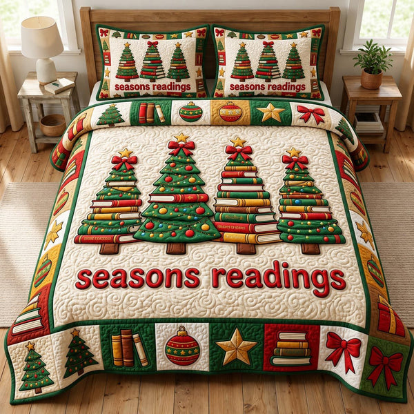 Christmas Book Lover quilted 3-piece bedding set on a made bed in a winter-styled bedroom