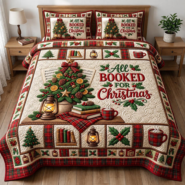 Christmas Book Lover quilted 3-piece bedding set on a made bed in a winter-styled bedroom