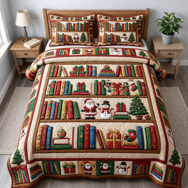 Christmas Book Lover quilted 3-piece bedding set on a made bed in a winter-styled bedroom