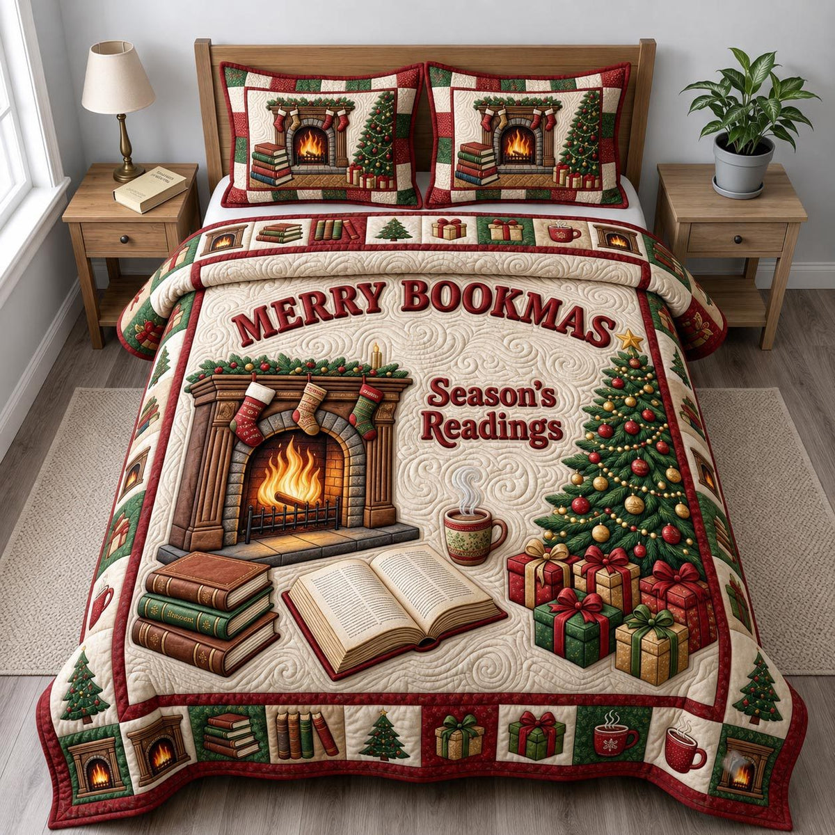 Christmas Book Lover quilted 3-piece bedding set on a made bed in a winter-styled bedroom