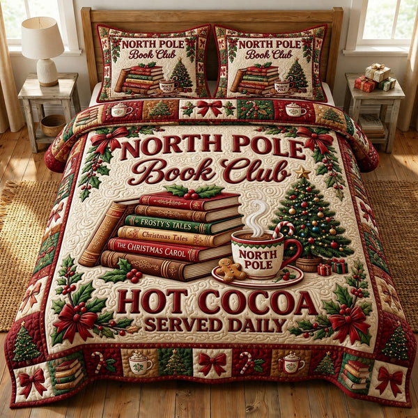 Christmas Book Lover quilted 3-piece bedding set on a made bed in a winter-styled bedroom