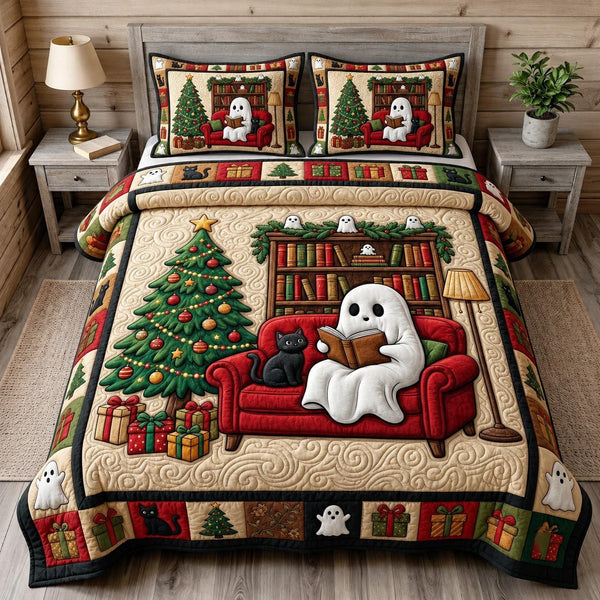 Christmas Book Lover quilted 3-piece bedding set on a made bed in a winter-styled bedroom