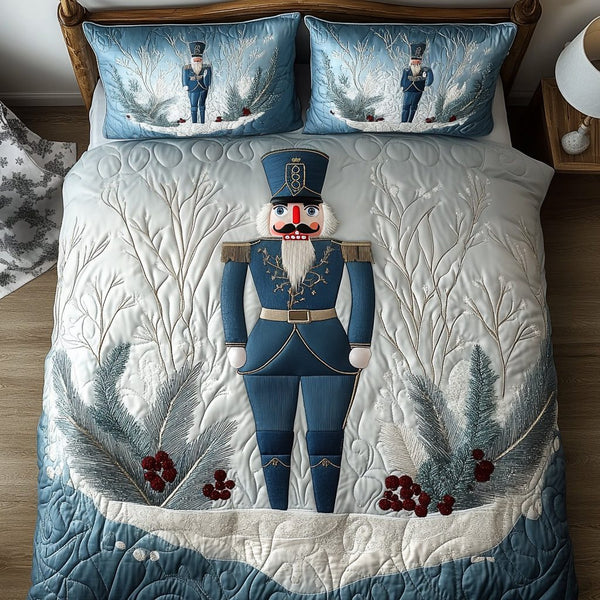 Christmas Brigade quilted 3-piece bedding set on a made bed in a winter-styled bedroom