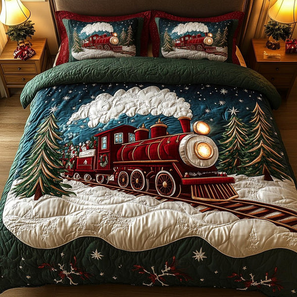 Christmas Caboose quilted 3-piece bedding set on a made bed in a winter-styled bedroom