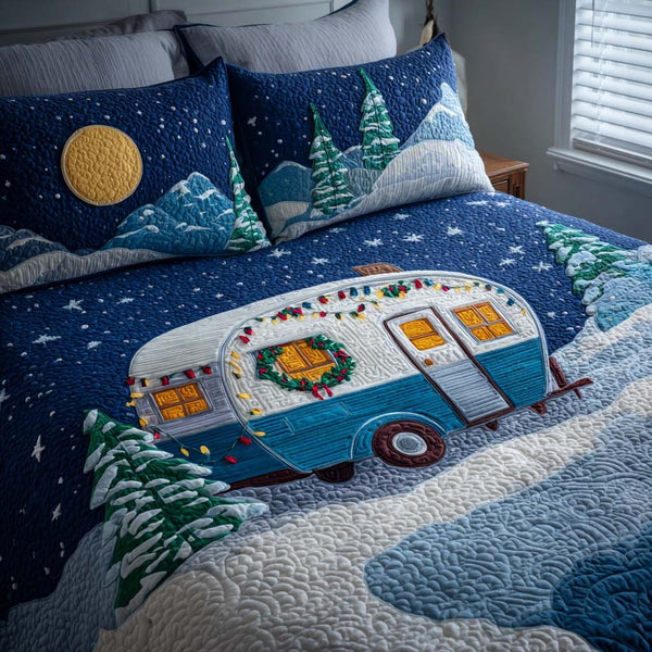 Christmas Camp Glow quilted 3-piece bedding set on a made bed in a winter-styled bedroom