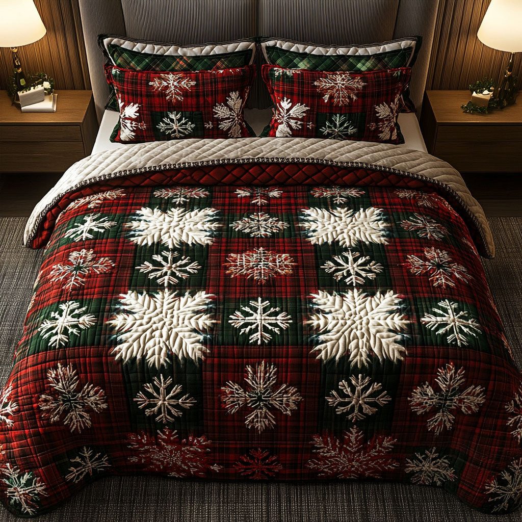 Christmas Cargo quilted 3-piece bedding set on a made bed in a winter-styled bedroom