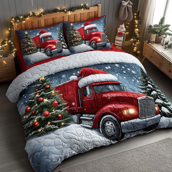 Christmas Cargo Ride quilted 3-piece bedding set on a made bed in a winter-styled bedroom