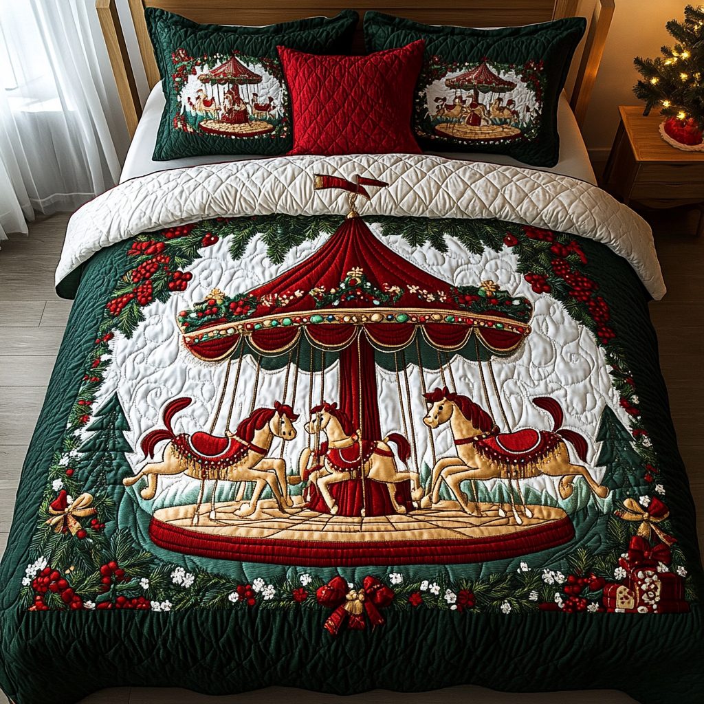 Christmas Carousel Charm quilted 3-piece bedding set on a made bed in a winter-styled bedroom