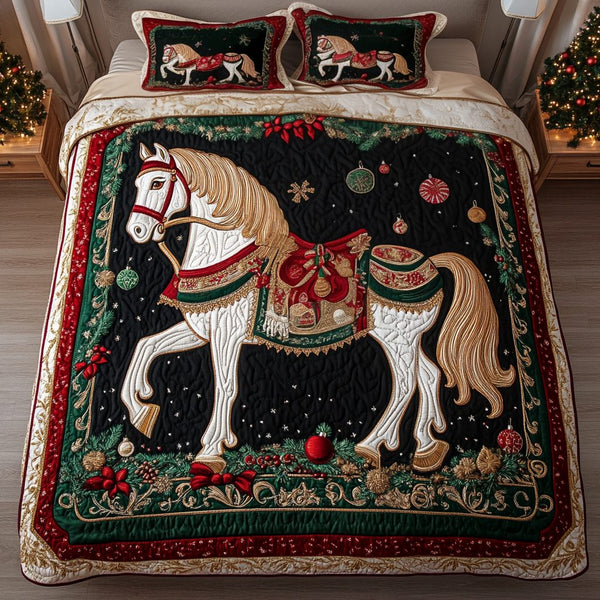 Christmas Carousel quilted 3-piece bedding set on a made bed in a winter-styled bedroom
