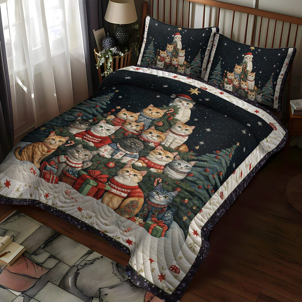 Christmas Cat Tree quilted 3-piece bedding set on a made bed in a winter-styled bedroom