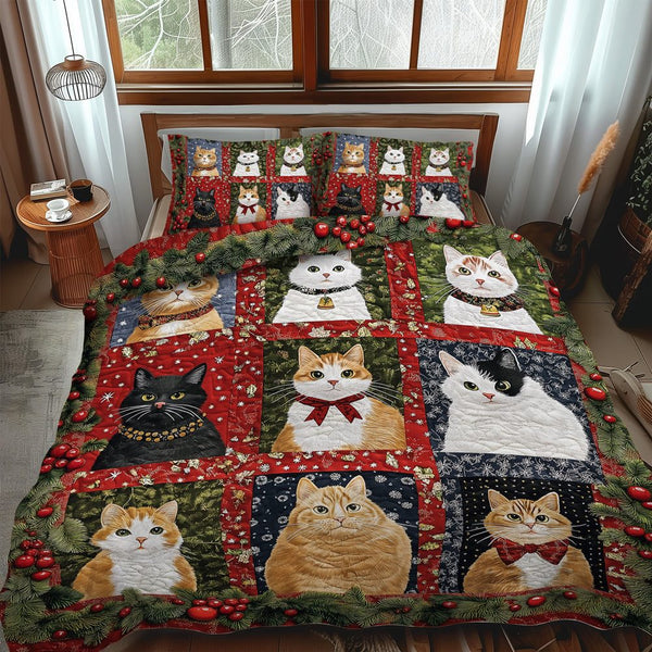 Christmas Cats quilted 3-piece bedding set on a made bed in a winter-styled bedroom