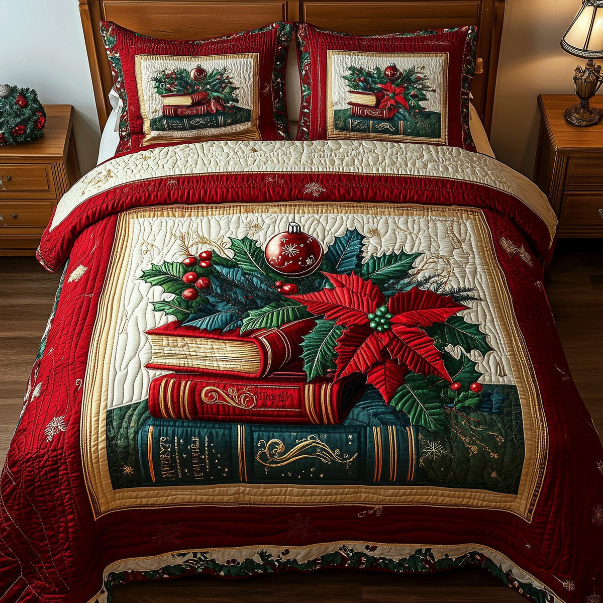 Christmas Chapters quilted 3-piece bedding set on a made bed in a winter-styled bedroom