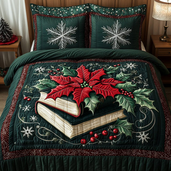 Christmas Chapters quilted 3-piece bedding set on a made bed in a winter-styled bedroom