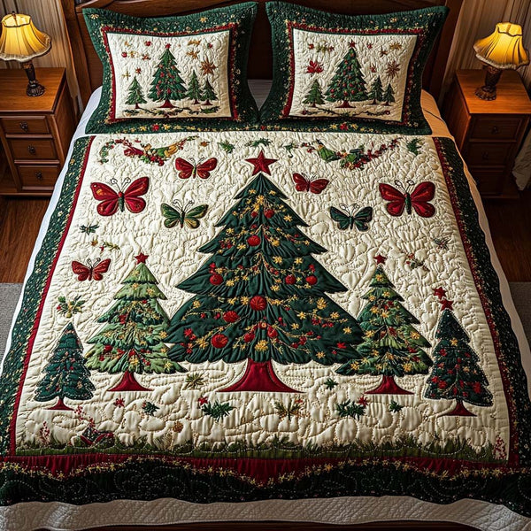 Christmas Charm quilted 3-piece bedding set on a made bed in a winter-styled bedroom