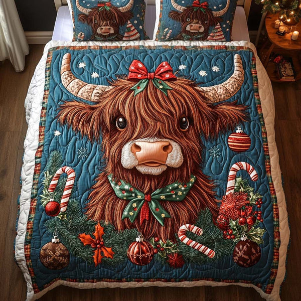 Christmas Charm quilted 3-piece bedding set on a made bed in a winter-styled bedroom