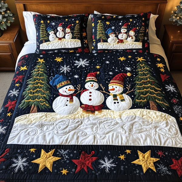 Christmas Cheer Chariot quilted 3-piece bedding set on a made bed in a winter-styled bedroom