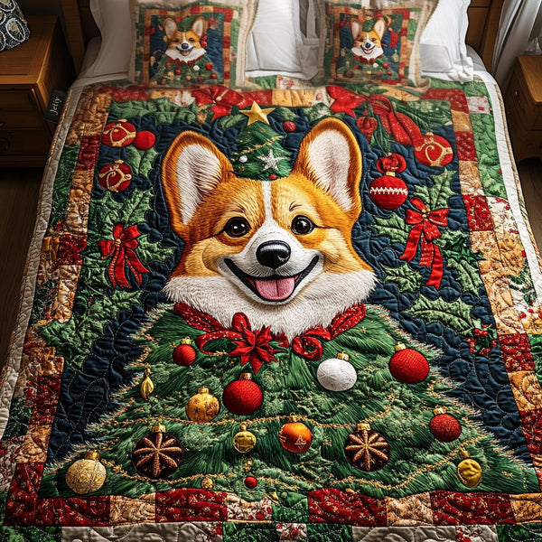 Christmas Cheer quilted 3-piece bedding set on a made bed in a winter-styled bedroom