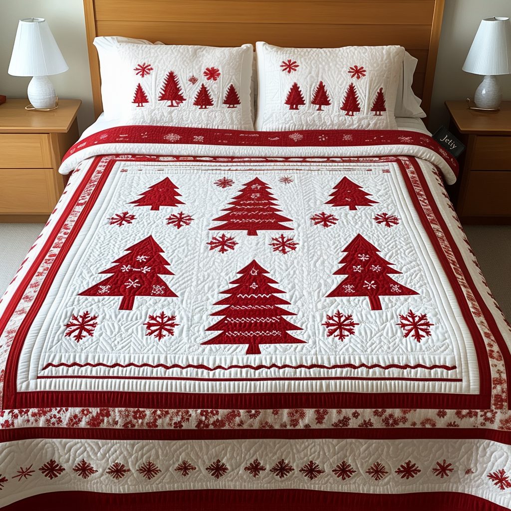 Christmas Cheer quilted 3-piece bedding set on a made bed in a winter-styled bedroom