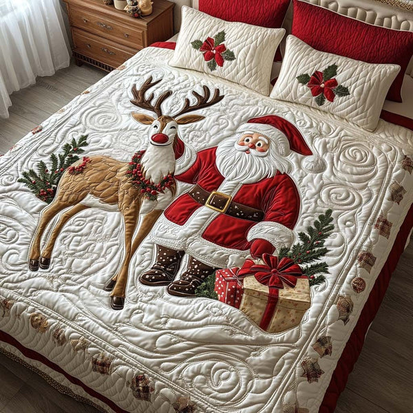 Christmas Cheer quilted 3-piece bedding set on a made bed in a winter-styled bedroom