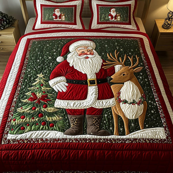 Christmas Cheer quilted 3-piece bedding set on a made bed in a winter-styled bedroom