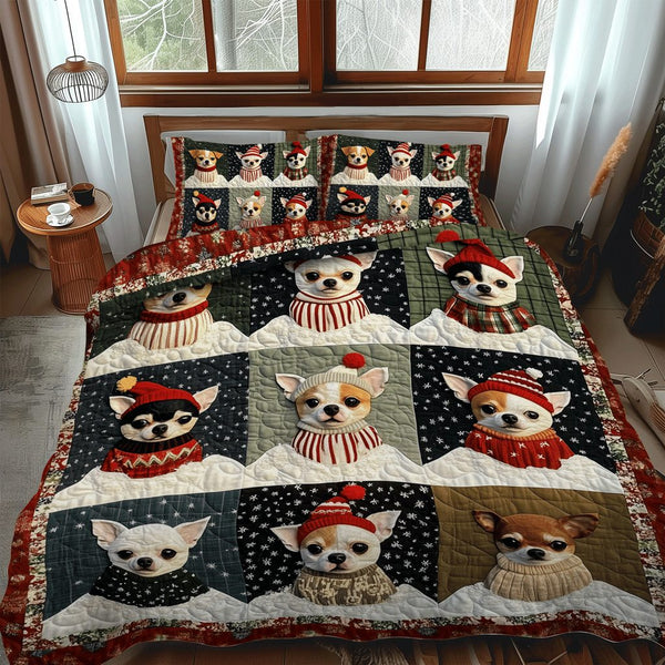 Christmas Chi Charm quilted 3-piece bedding set on a made bed in a winter-styled bedroom
