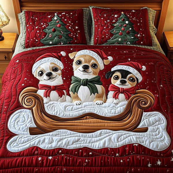 Christmas Chi Charm quilted 3-piece bedding set on a made bed in a winter-styled bedroom
