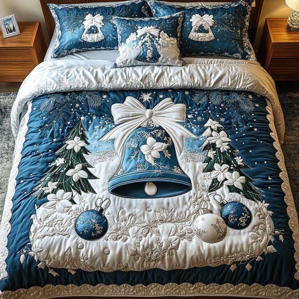 Christmas Chimes quilted 3-piece bedding set on a made bed in a winter-styled bedroom