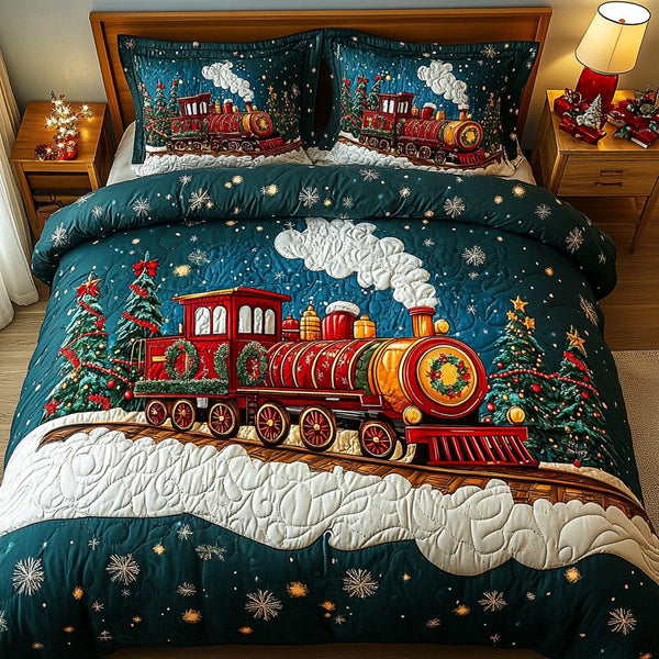 Christmas Choo Choo Cheer quilted 3-piece bedding set on a made bed in a winter-styled bedroom