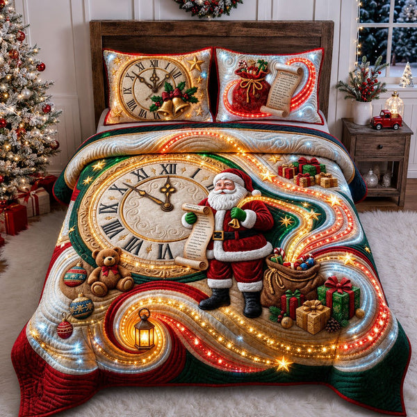 Christmas Clock quilted 3-piece bedding set on a made bed in a winter-styled bedroom